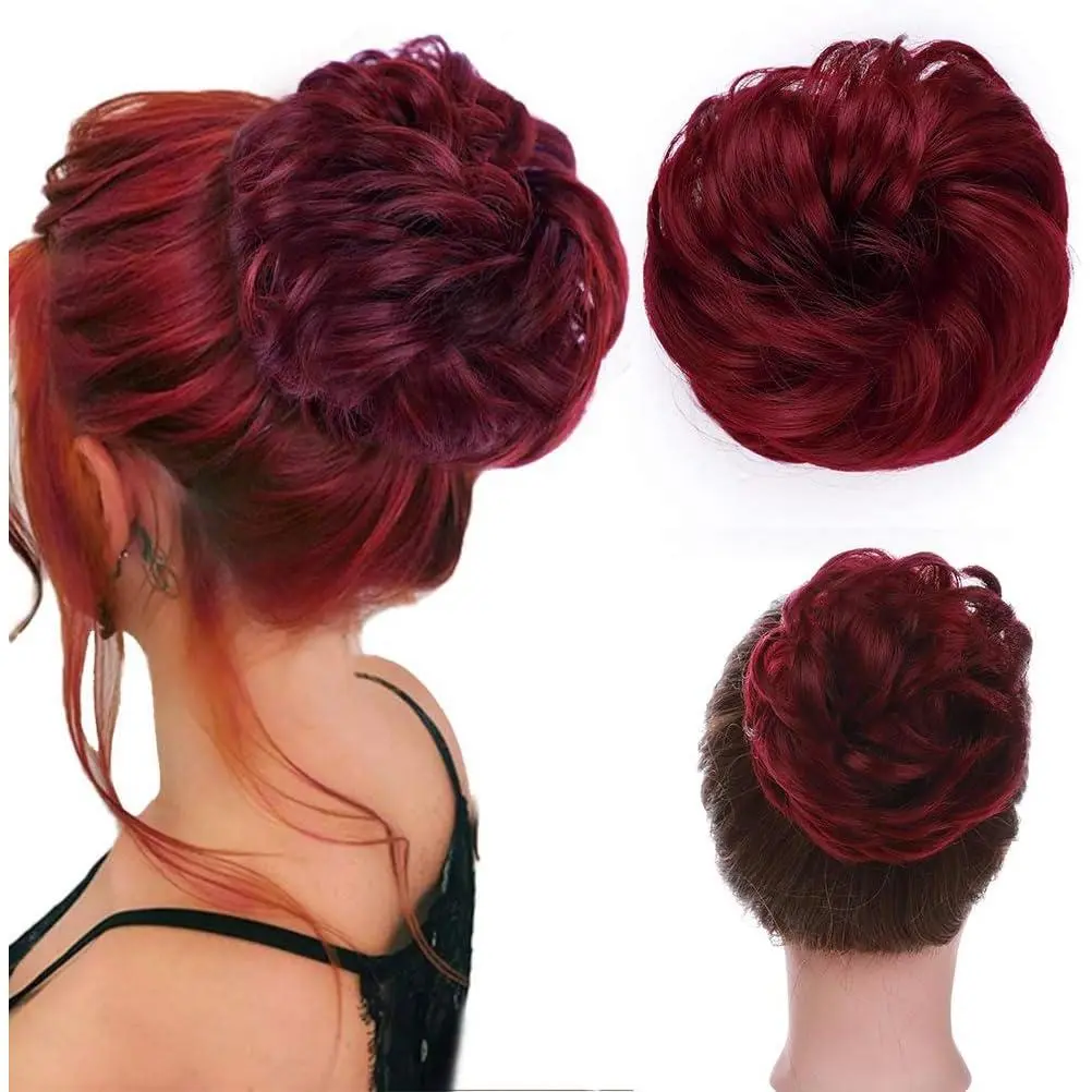 Hair Bun Hair Scrunchies Extension Curly Wavy Thick Synthetic Chignon for women Updo Hairpiece Ponytail Hair Accessories Burgundy Red
