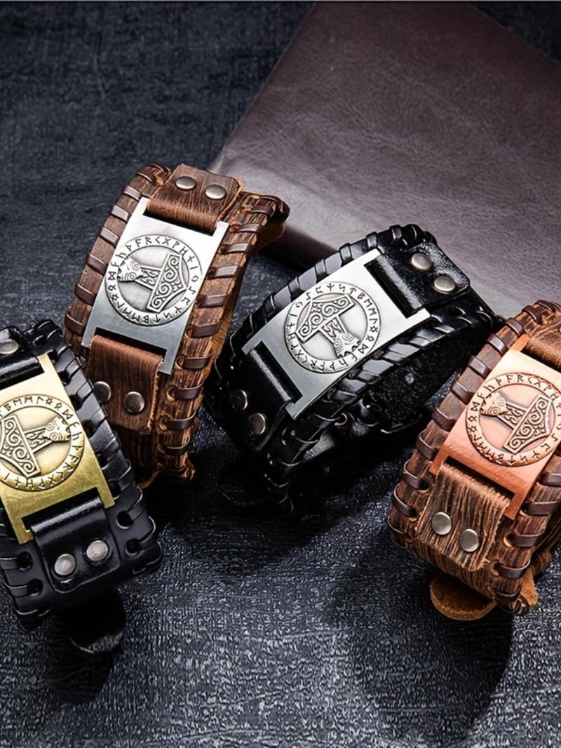 Product Introduction of Viking Hammer Design Bracelet, Punk Style Braided Bracelet for Men, Fashion Jewelry for Party, Daily Clothing Decor, Trendy Exquisite Jewelry for Birthday Gift 7