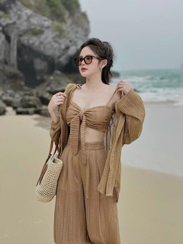 Set đồ bơi 3 món đi biển ren lưới, khoác tay dài quần dài chất lưới fom rộng thoáng mát 941