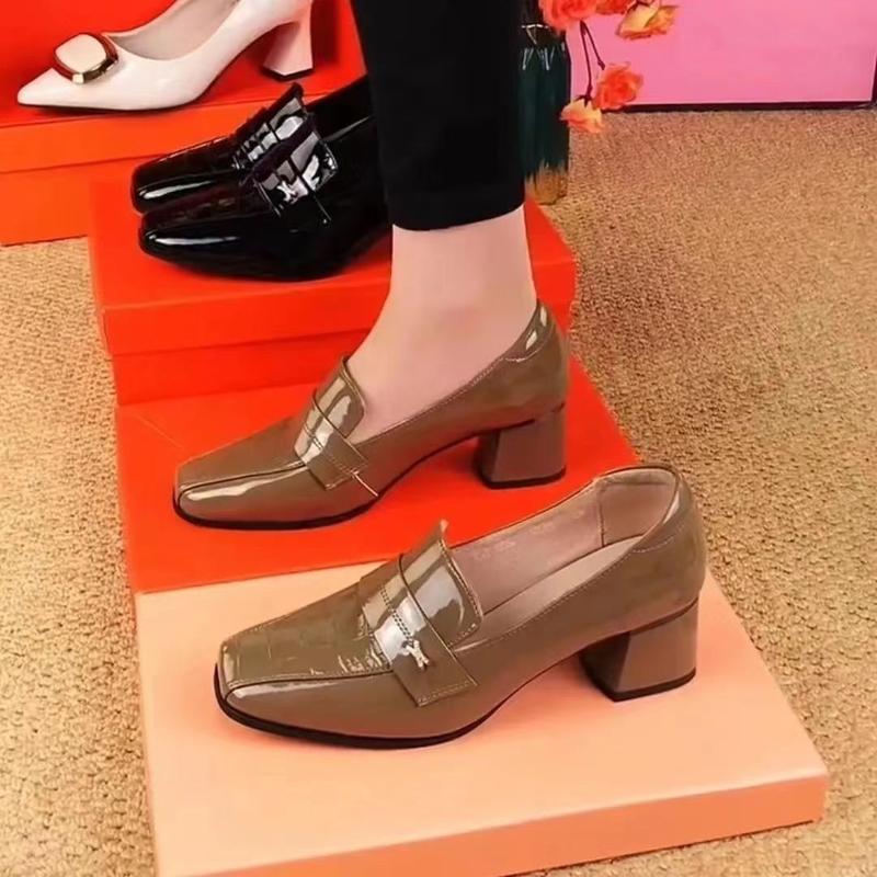 Giày Cao Gót, Da Thật, Dành Cho Nữ, Phong Cách Anh Quốc, Gót Chunky, Da Bóng, Giày Lười, Gót Trung Bình Hàng Mới Về Mùa Lò Xo Và Mùa Thu 2024 3