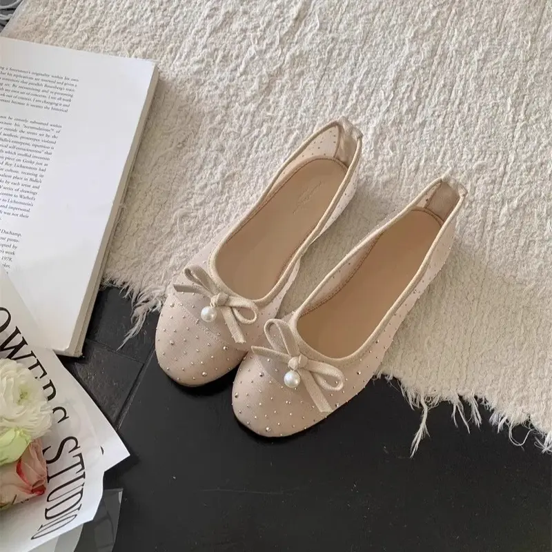 Giày Lưới Phẳng, Phong Cách Thanh Lịch, Cắt Nông, Nhẹ, Dành Cho Nữ, Có Thể Đeo Ngoài Trời, Bộ Sưu Tập Xuân Hè Mới 2025, Giày Lười Đế Mềm, Thiết Kế Thắt Nơ Dễ Phối Đồ 3