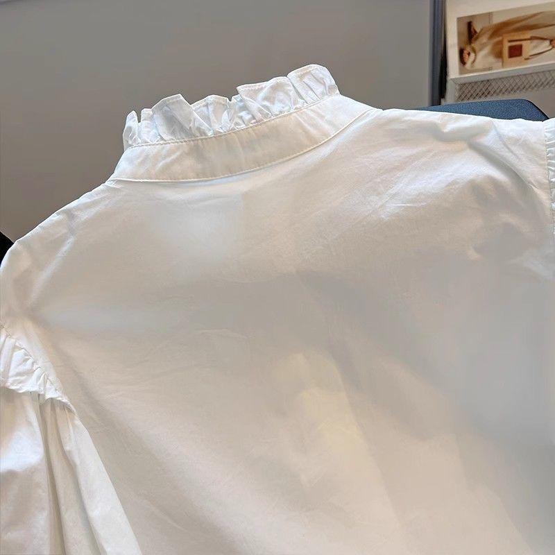 Product Introduction of Áo Sơ Mi Selvedge Dây Phong Cách Pháp, Đồ Lót Nữ Mùa Xuân Và Mùa Thu, Thiết Kế Đẹp, Cổ Điển Độc Đáo Tay Chuông Ngắn Cổ Chân Đế Áo Trắng 13