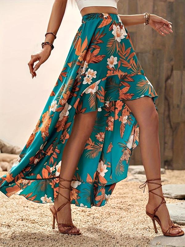 Women's Floral Print High Low Hem Skirt, Boho Ruffle Trim Elastic Waist Short Skirt for Beach Holiday Vacation, Ladies Summer Clothes 2