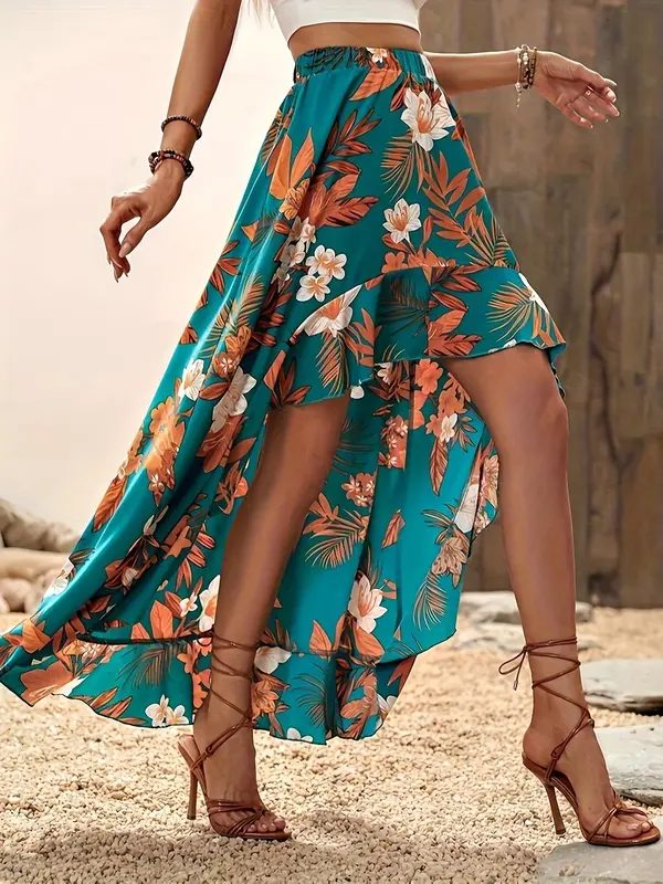 Women's Floral Print High Low Hem Skirt, Boho Ruffle Trim Elastic Waist Short Skirt for Beach Holiday Vacation, Ladies Summer Clothes 2