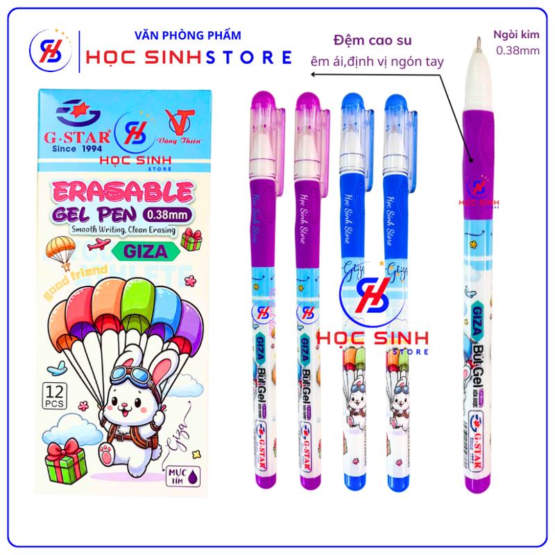 Hộp 12 Cây Bút Gel Xóa Được Ngòi Kim 0.38mm Giza Hiệu G-Star Mực Xanh/Tím - Dành Cho Học Sinh Tiểu Học, Nét Bút Nhỏ, Mực Đậm Xuống Đều Và Không Lem Bút Định Vị Tay Cho Bé