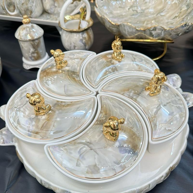 Khay Đựng Bánh Kẹo Mứt Tết Nhiều Ngăn - Khay Đựng Đồ Ăn Nhẹ Men Bóng Cao Cấp, Vân Đá Sang Trọng, Thiết Kế Tinh Tế