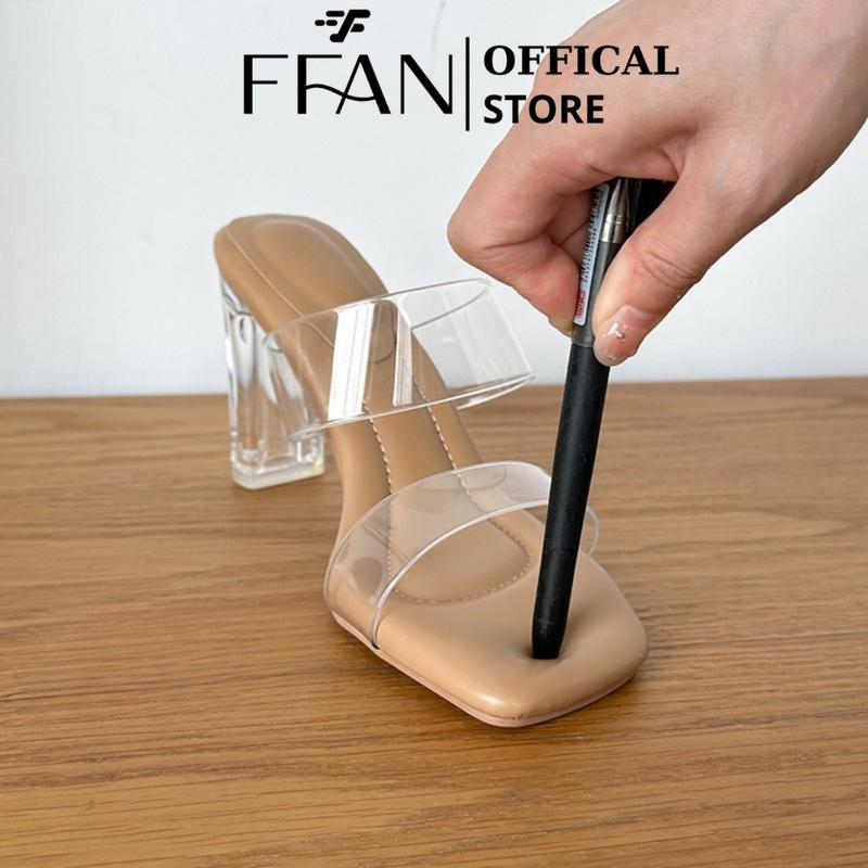 Guốc sandal cao gót nữ đế vuông 5 7 9 phân mũi vuông 1685 dép quai trong FFAN STORE big size sang chảnh màu be