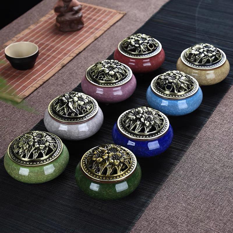 Lư Xông Nụ Trầm Hương - Đỉnh Đốt Nhang Khoanh Nhang Vòng Phong Thủy Bằng Gốm Sứ Vân Rạn Cao Cấp Tinh Xảo Kèm Lót Đế đốt nhang nụ Dầu Thơm Phòng