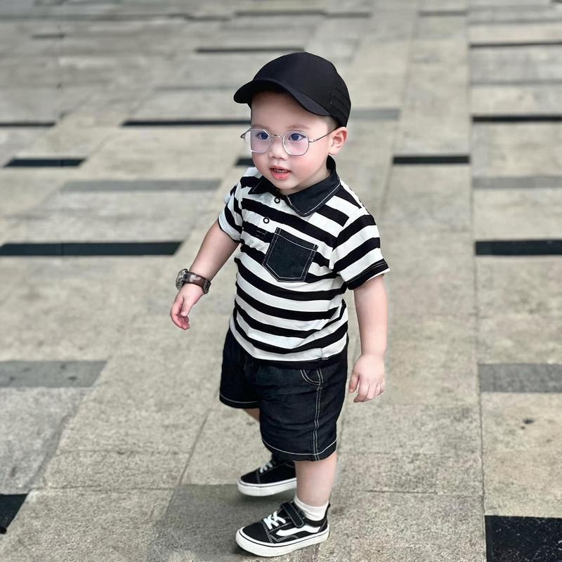 Kho Sỉ Mẹ Gạo Bộ Quần Và Áo Hè Polo Kẻ Ngang Đen Chất Áo Thun cotton và Quần Kaki Hai Da Mềm Cho Bé Trai. Phong Cách Hàn Quốc. Size 8-30kg Jean