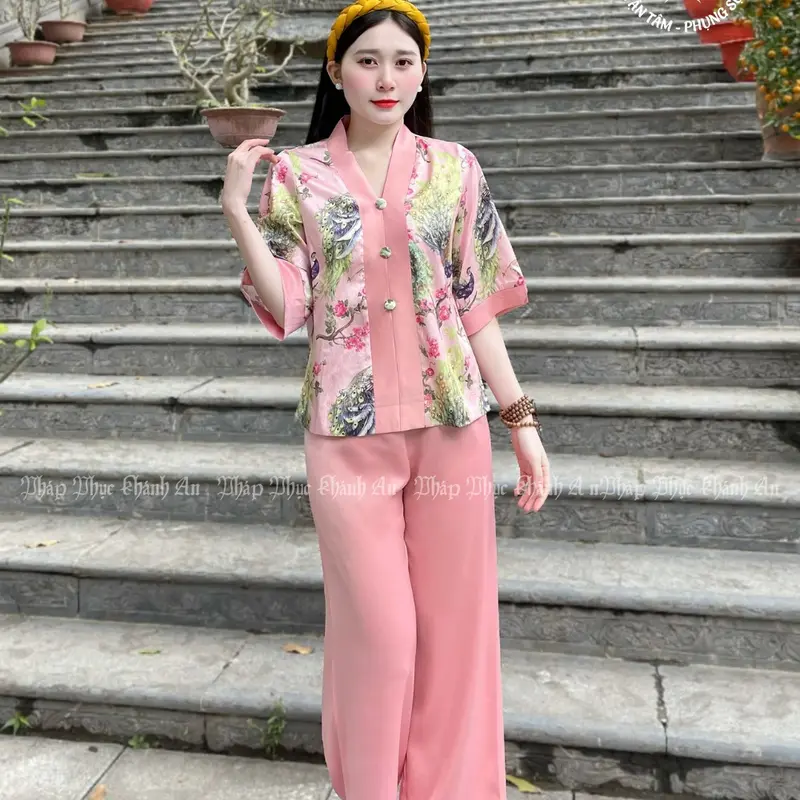 KA2- Bộ Lam Ba Cúc Tay Lỡ Lụa Vân Gỗ Cao Cấp Mẫu Mới Pháp Phục Khánh An Nữ Áo 5