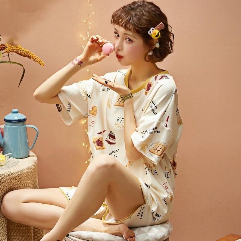 Bộ Đồ Ngủ Hoạt Hình, Dễ Thương, Dành Cho Nữ, Chất Liệu Cotton Mỏng, Áo Sơ Mi Ngắn Tay, Quần Đùi, Đồ Ngủ Thường Ngày Dáng Rộng, Quần, Màu Trơn Đơn Giản, Thích Hợp Cho Các Cặp Đôi, Bộ Quần Áo Mặc Nhà, 2 Chiếc 8