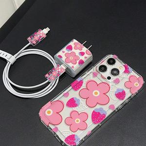 Funda para celular con patrón de flores y fresa, incluye cubierta para cabeza del cargador, protector de cable y cuerda para almacenamiento, funda anticaídas para iPhone, resistente a golpes
