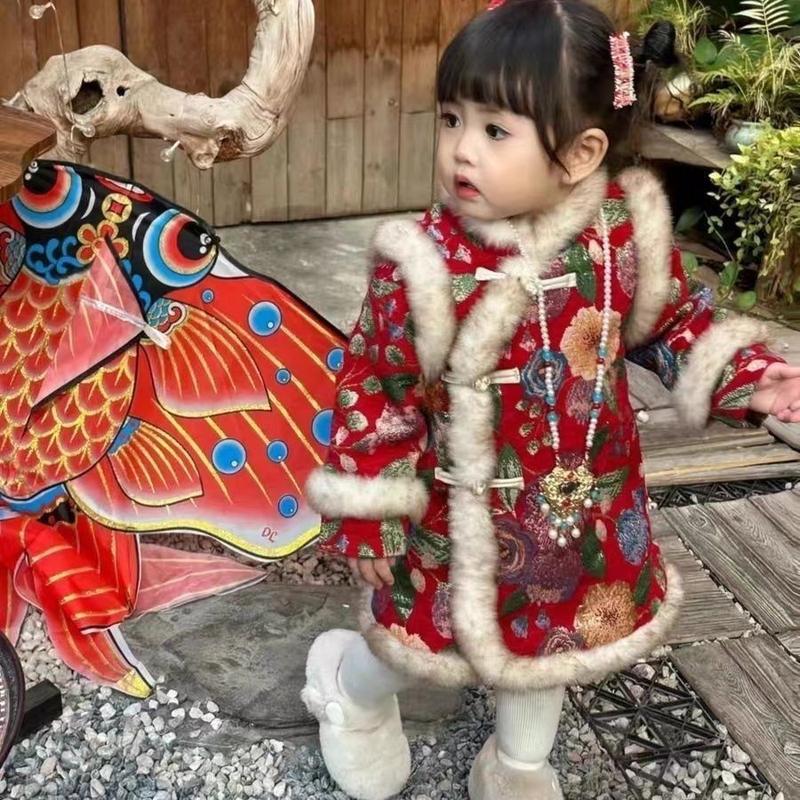 Váy Sườn Xám Cho Bé Gái, Bộ Đồ Tang, Phong Cách Trung Quốc Nhồi Bông Và Dày Dặn, Hanfu, Thích Hợp Cho Năm Mới Và Mùa Đông, Quần Áo Cho Em Bé Pippikids