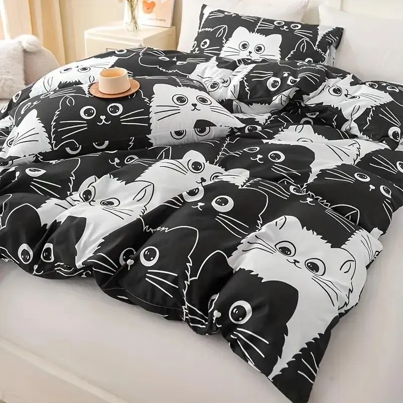 Cat Pattern Bedding Set, 3 Counts/set Including 1 Count Quilt Cover & 2 Counts Pillowcase without Filler, Soft Comfortable Bedding Set for Bedroom 3