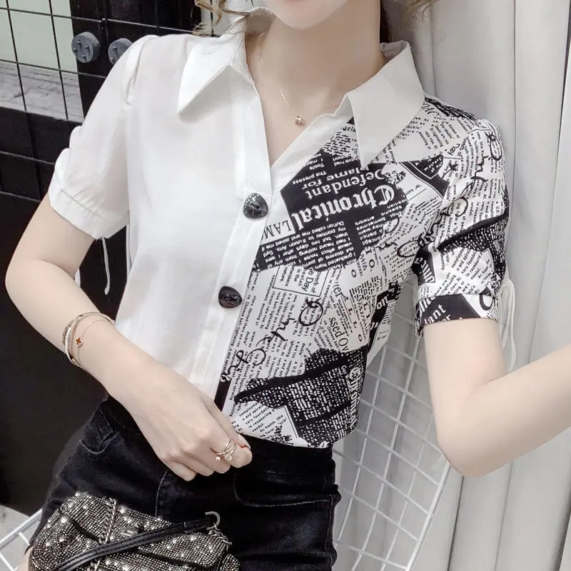 Áo Sơ Mi Voan, Thiết Kế Tương Phản Khâu, Dành Cho Nữ, Hàng Mới Về, ngắn Tay, Thiết Kế Bất Đối Xứng, Ôm Vừa Vặn, Thanh Lịch, Phong Cách Phương Tây, Thời Trang, Thích Hợp Cho Mùa Hè