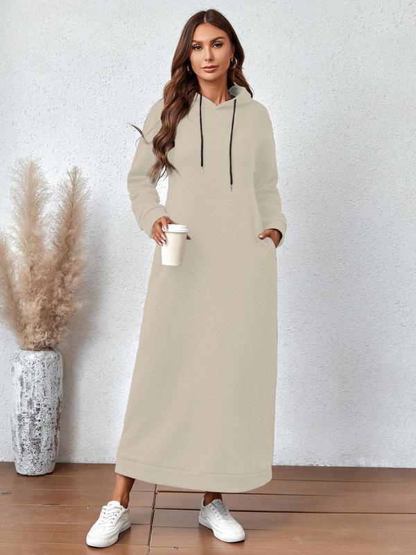 Women's Simple Plain Drawstring Drop Shoulder Hooded Long Dress, Casual Pocket Long Sleeve Dress for Fall & Winter 4
