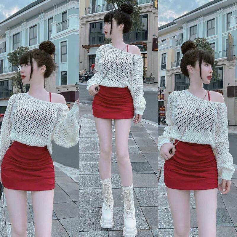 MeiCloset Set váy tăm body có cúp ngực kèm áo khoác lưới len sang chảnh với 2 màu sắc - TẾT