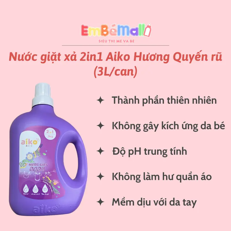 [Mua 1 tặng 1] Nước giặt xả Aiko 2in1 cho bé - Can 3 Lít   [Mua 1 can tặng 1 thêm túi 600ml] 4