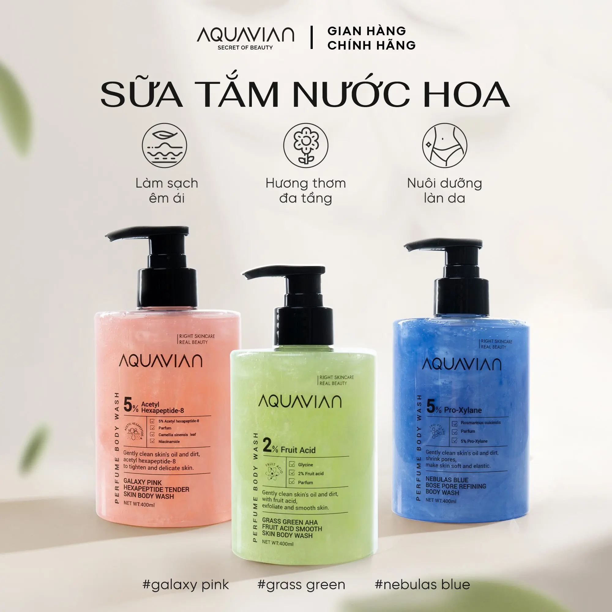 COMBO Sữa Tắm Nước Hoa Grass Green+Nebulas Blue+Galaxy Pink - Hương Thơm Phái Nữ