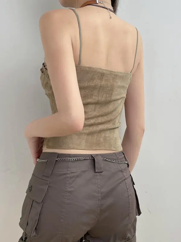 Women's Contrast Lace Cami Crop Top without Necklace, Summer Clothes, Solid Frill Trim Spaghetti Strap Top for Summer, Women's Clothing for Daily Wear 1