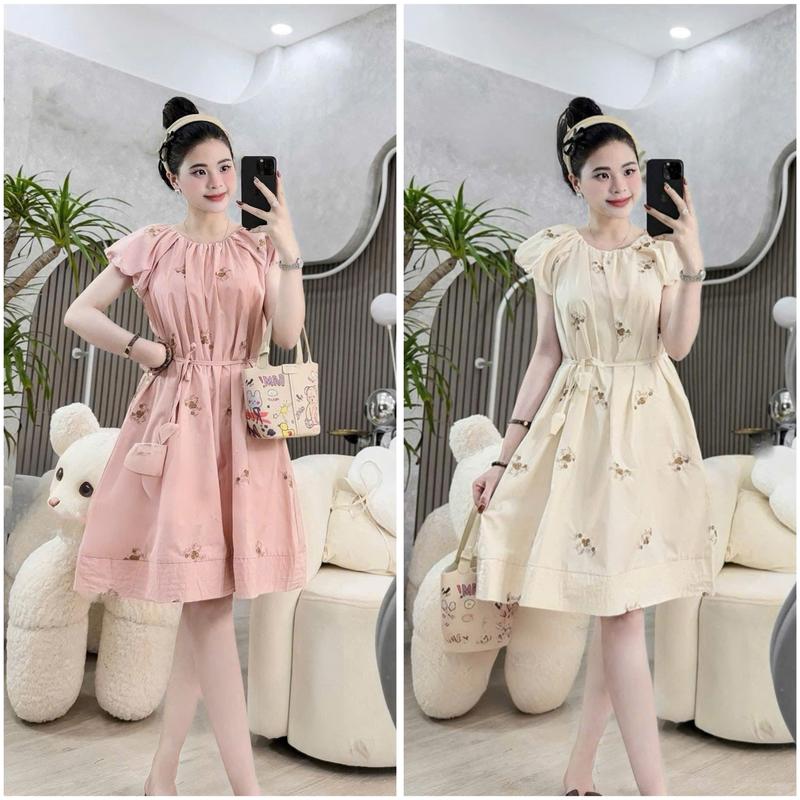 V846 Váy Cổ Tròn Thêu Hoa Tay Bồng Kèm Dây Đai Kho Sỉ Nguyễn Bảo Ngọc