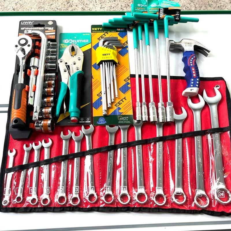 [Tặng Cần siết tay L] Combo 42 chi tiết  sửa chữa xe máy oto gồm 1 bộ cờ Lê 8-24mm+1 bộ tuýp 12 chi tiết 1/2” liwin  + 1 kìm bấm chết GF + 1 bộ lục giác bi + 5 khóa T REBEL 8/10/12/13/14mm + 1 búa lùn HD  đầy đủ khi sửa chữa