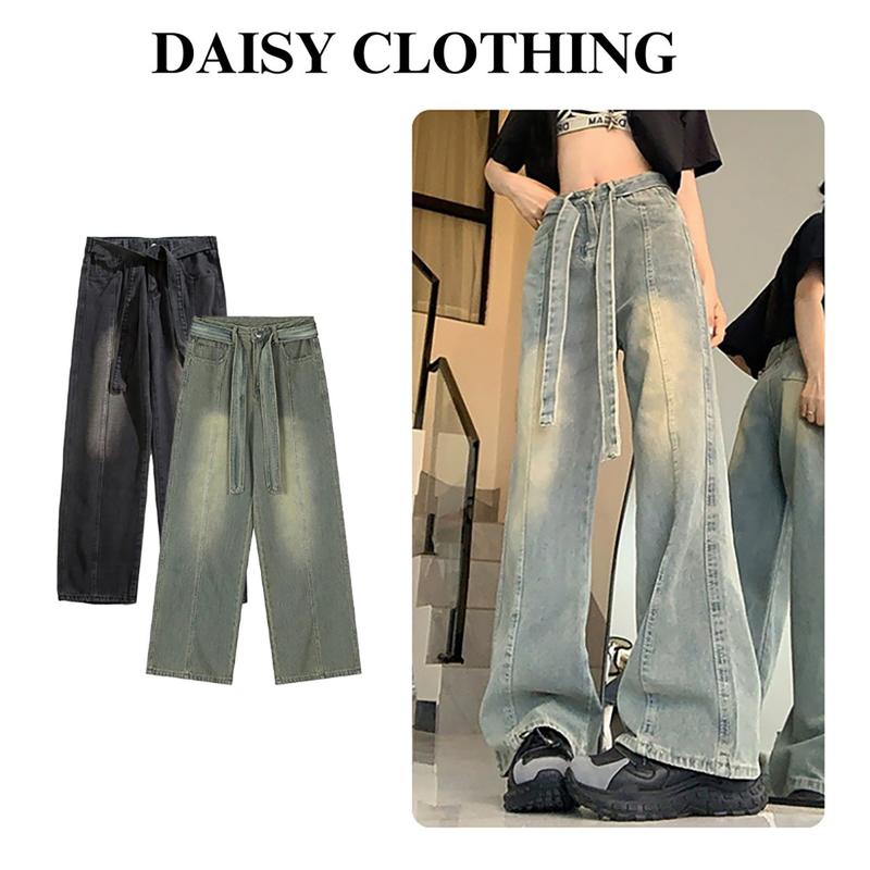 Quần jean nữ Suông gân đai ống rộng cạp cao chất vải denim cao cấp Ong Women