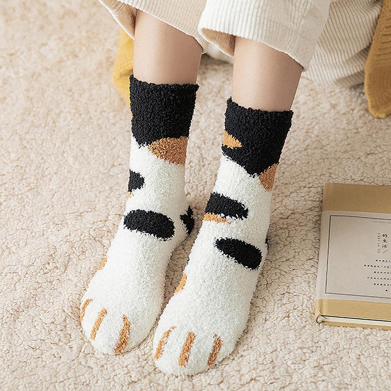 Product Introduction of Winter New Striped Cartoon Cat Claws Warm Thickened Sleeping Socks For Women 14