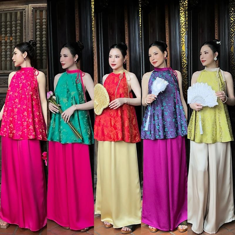 Y01 SET ĐỒ NỮ ÁO YẾM CỘT DÂY KÈM QUẦN SUÔNG DÀI, CHẤT LIỆU GẤM TƠ TẰM - FREE SIZE 0