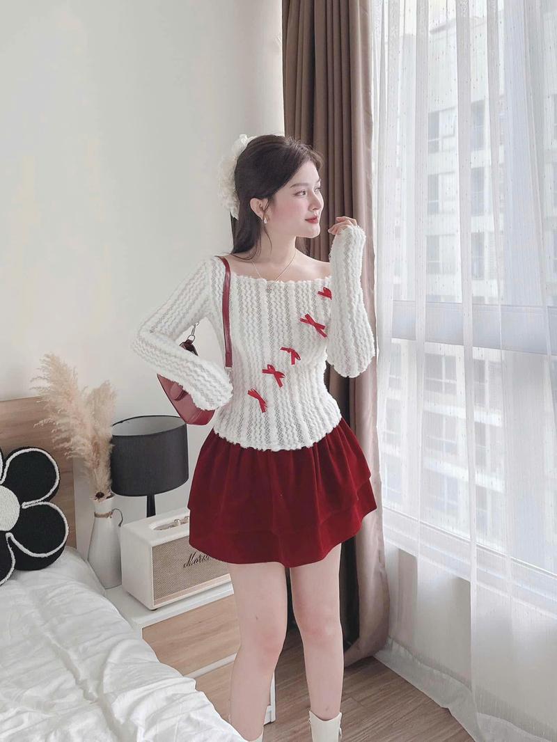 Product Introduction of Áo trễ vai len mềm xinh, áo noel tết tiểu thư A387 Nữ Women 9