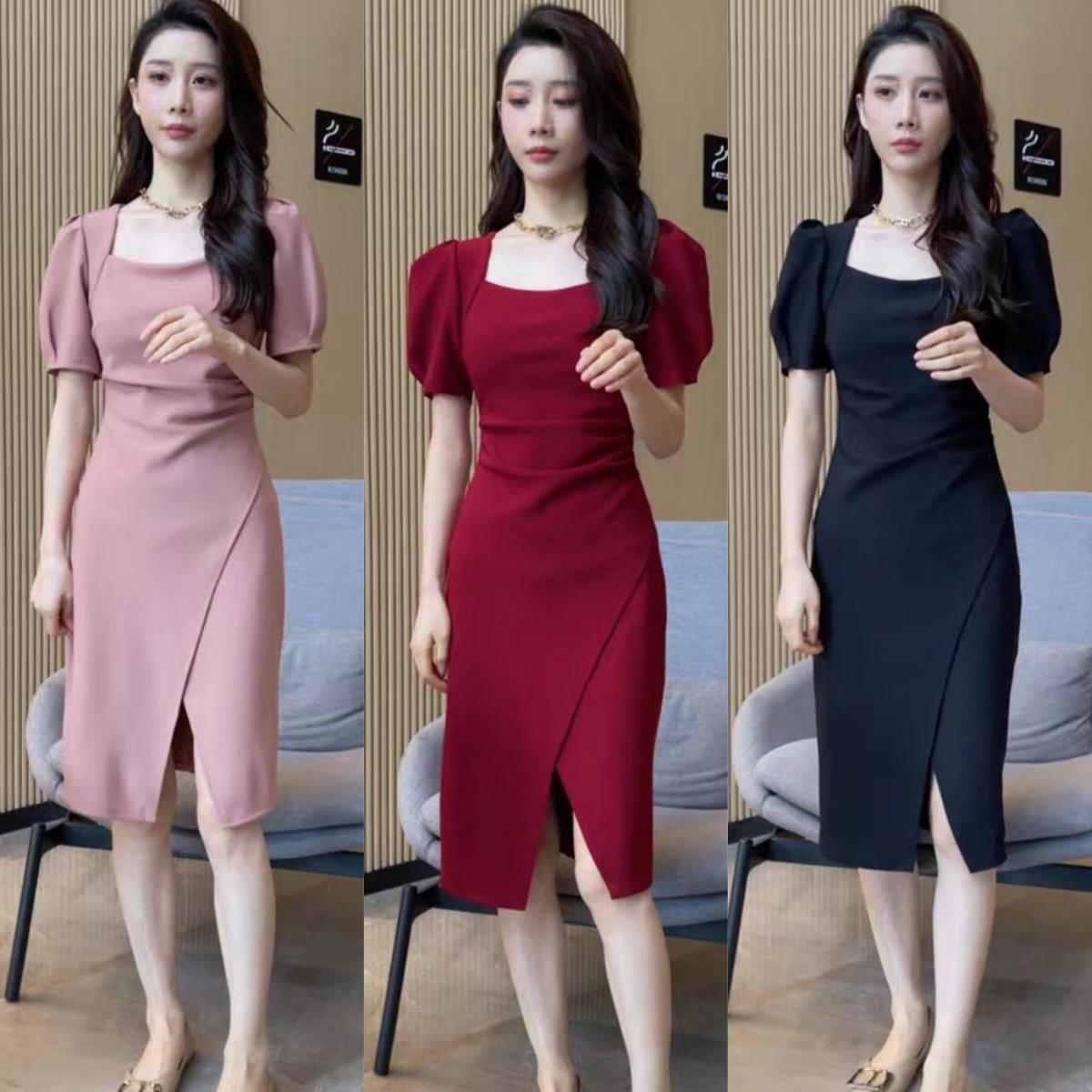 เดรสผู้หญิง APA เดรสสีเทา ดีไซน์ปิ่นปักผม ชุดราตรี สไตล์เกาหลี คอเหลี่ยมทรงศูนย์ แขนพัฟ ผ่าความยาวปา