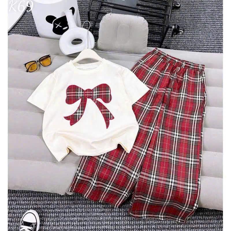 SÉT BỘ QUẦN DÀI ÁO THUN BÉ GÁI HỌA TIẾT NƠ Ô VUÔNG chất vải mềm mịn size 9-45 kg m656