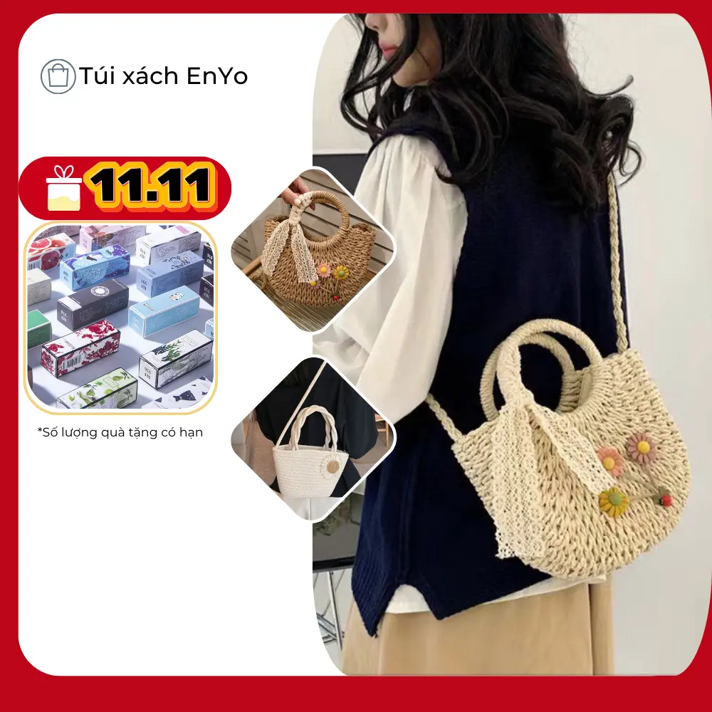 Túi cói bán nguyệt xách tay, có dây đeo chéo phù hợp với áo dài, đi biển phong cách vintage, mẫu mới 2024