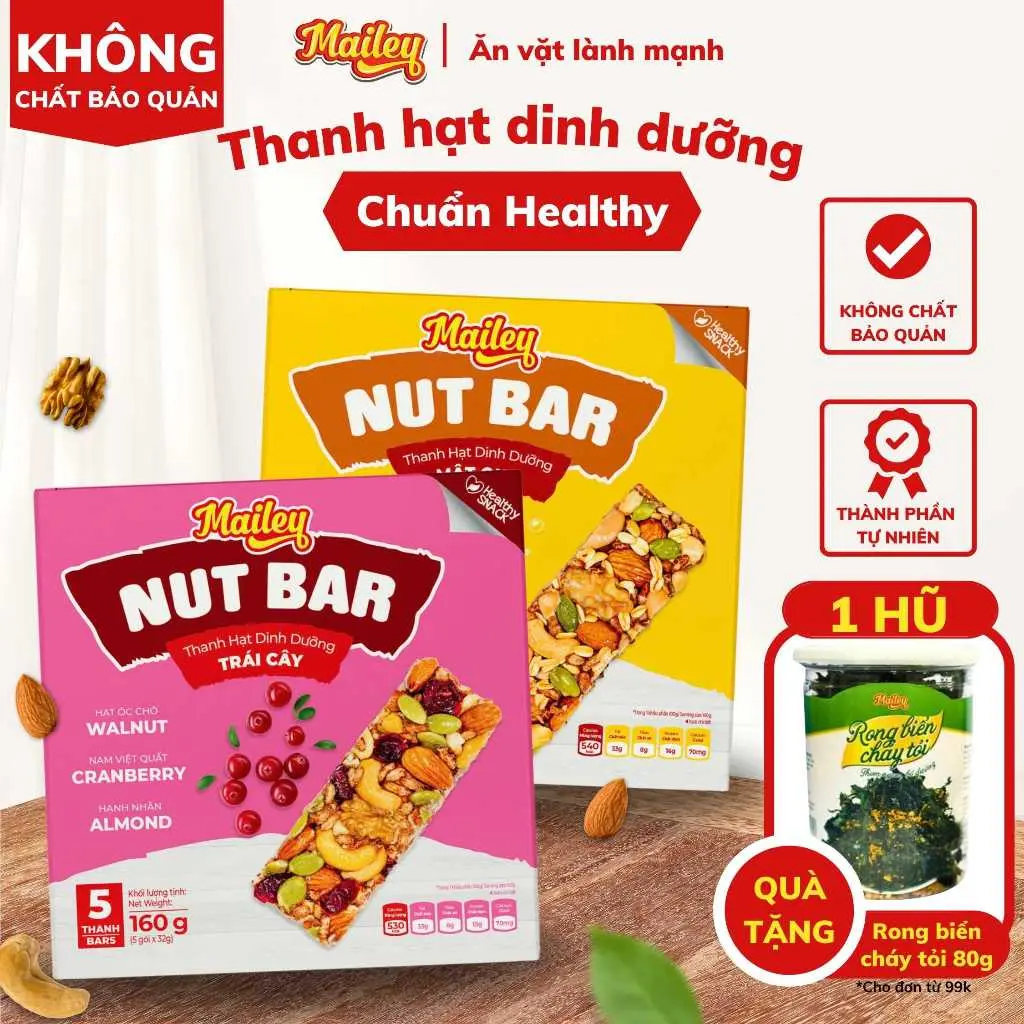 Thanh hạt dinh dưỡng mix NUT BAR MAILEY mật ong,trái cây Hộp 160g - Bánh hạt dinh dưỡng mix ăn sáng
