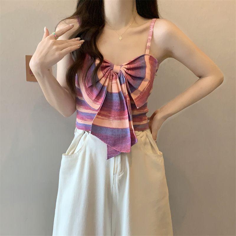 Product Introduction of Sweet and Spicy Style Striped Small Sling Vest Women's Summer Inner Wear Outer Wear Design Sense Niche Bow Sleeveless Short Top turtleneck  tank Lingerie Plaid Spaghetti Strap tank  top camisole  tops baby  tee 13