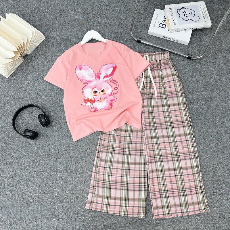 Sét bộ hè bé gái,quần kẻ chất đũi form rộng kết hợp áo in hình BaBy Three size 15-45kg (mã 02.hồng) 0