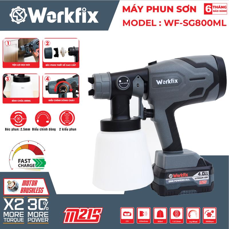 Máy Phun Sơn Workfix WF-SG800ML - 2 Kiểu Phun Linh Hoạt - Pin 10 Cell 21V/4Ah - Bảo Hành Chính Hãng 6 Tháng