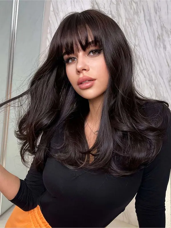 Natural Looking Long Body Wavy Wigs for Women, Gorgeous Fluffy Wigs with Air Bangs, Synthetic Full Machine Wigs for Party Photography, Daily Use 2
