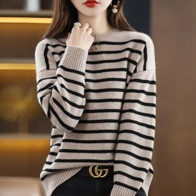 Women's round Neck Striped Sweater Loose Autumn and Winter Lazy Style Knitted Top Knitwear Womenswear Lingerie Knitting Comfort Longsleeve Crewneck