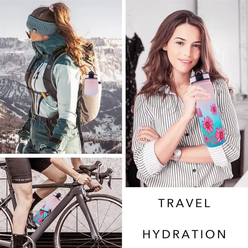 32oz Water Bottle, 1 Count Floral Pattern Sports Water Bottle with Time Marker, Outdoor Durable Large Capacity Hiking Water Bottle 6