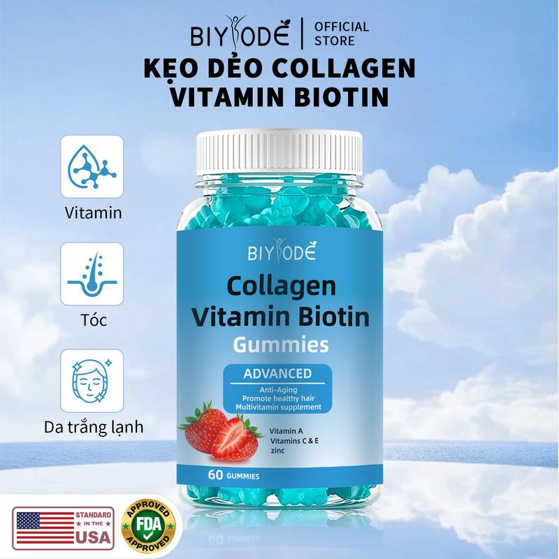 [24H] Khuyến cáo chính thức của BIYODE-Dẻo hỗ trợ chăm sóc tóc và móng tay, sức sống mới, sức sống mới, 6000mcg biotin + vitamin C + vitamin E hỗ trợ tóc và móng Kẹo dẻo hỗ trợ móng tay 60 biotinmiếngthực phẩm bổ sung ngocbich  collagen