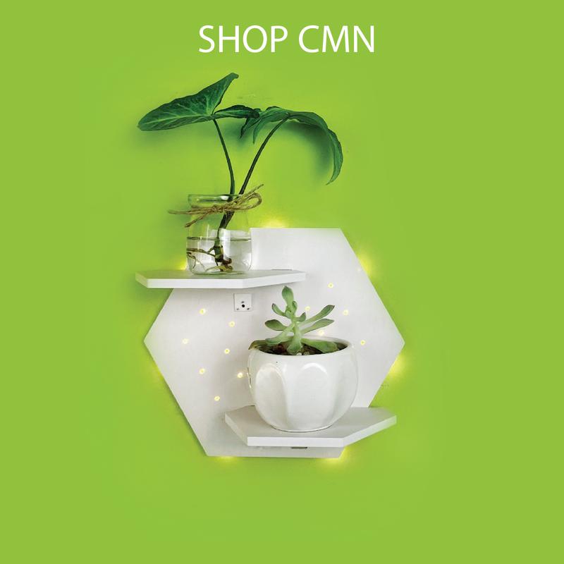 Kệ treo tường đèn led hai tầng hình lục giac không cần khoan decor trang trí chất liệu gỗ nhựa lục giác đèn led