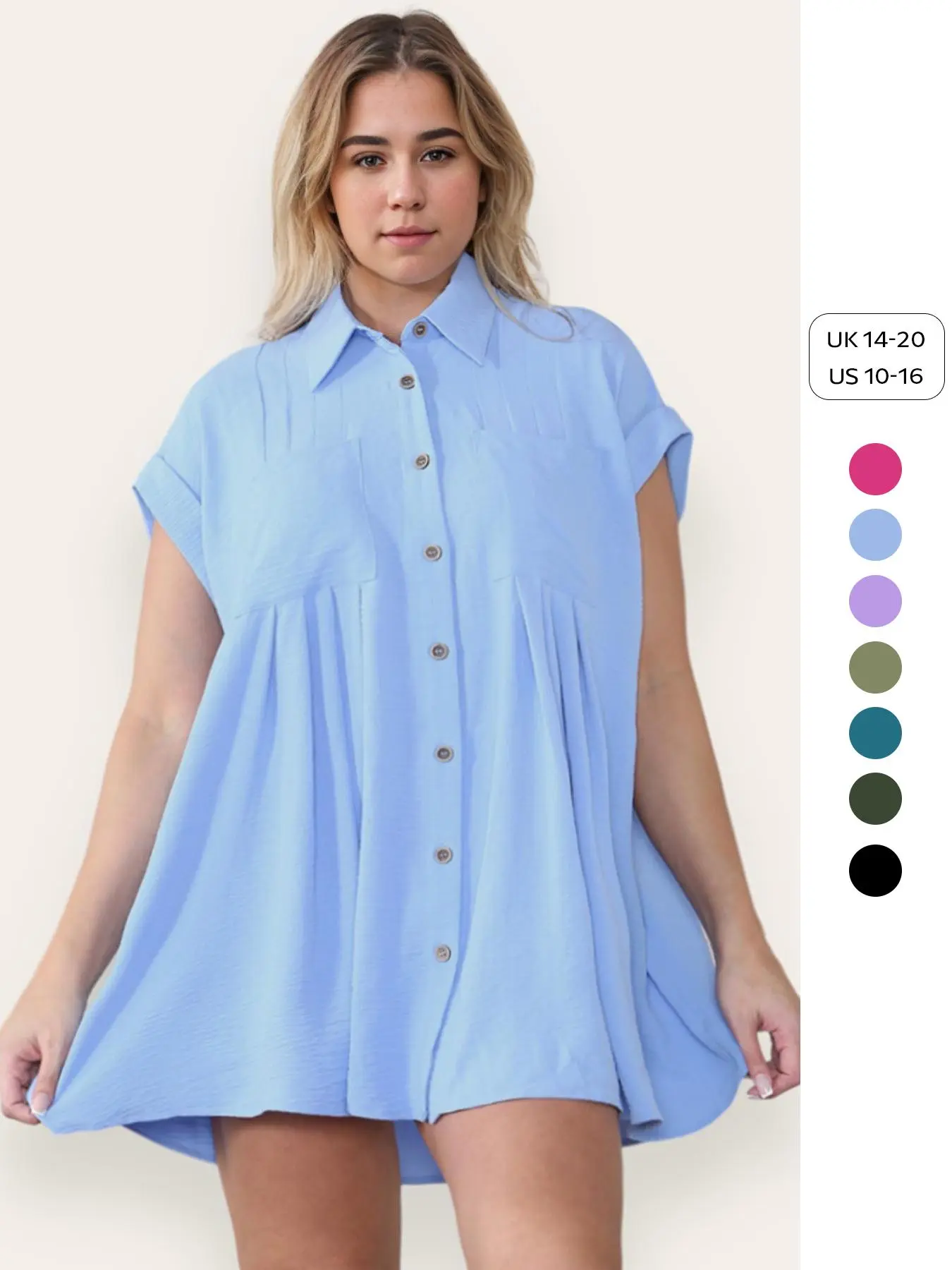 【Plus Size】 Solid Color Collared Short Sleeve Button Shirtdress, Casual Dress for Daily Wear, Women's Plus Clothing for All Seasons