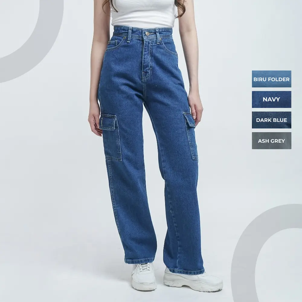 ESROCTE Celana Panjang Loose Cargo High Waist Jeans Wanita/Cewek P45 - 26-38 001