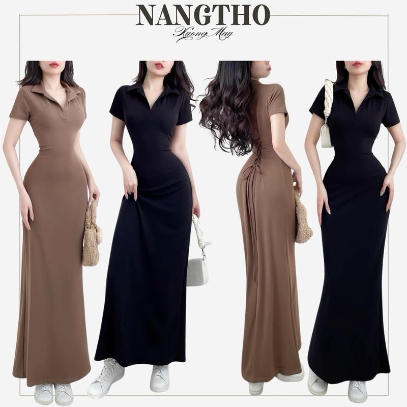 D170 Đầm Body Nữ Cổ Bẻ Đan Dây Lưng Thun Gân tăm Co Giãn Kem Women Dress Nhung