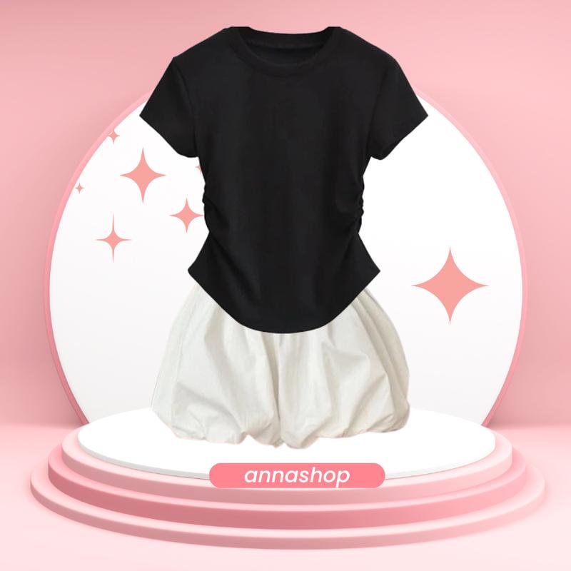 combo áo thun rút eo from croptop ôm body kèm quần bí xinh xắn dưới 50kg  Women Nữ Top Kem set  bộ