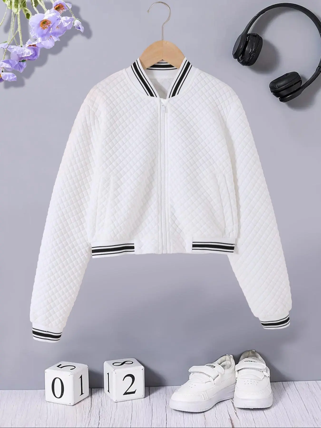 Girl's Solid Zip Up Jacket, Casual Long Sleeve Baseball Collar Outerwear for Spring, Kids Clothes for Daily Wear