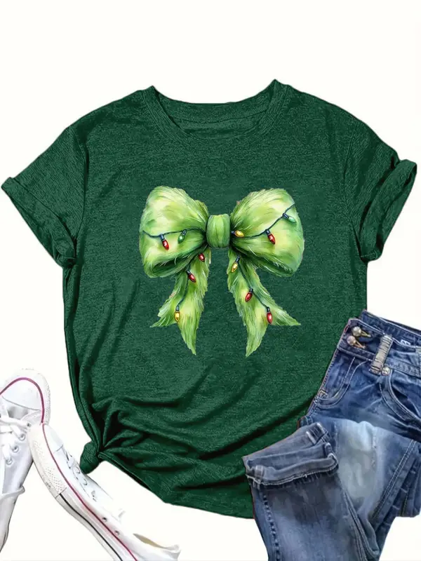 【Plus Size】 Cartoon Bow Print Round Neck Tee, Casual Short Sleeve T-shirt for Summer, Women's Clothing for Daily Wear 3