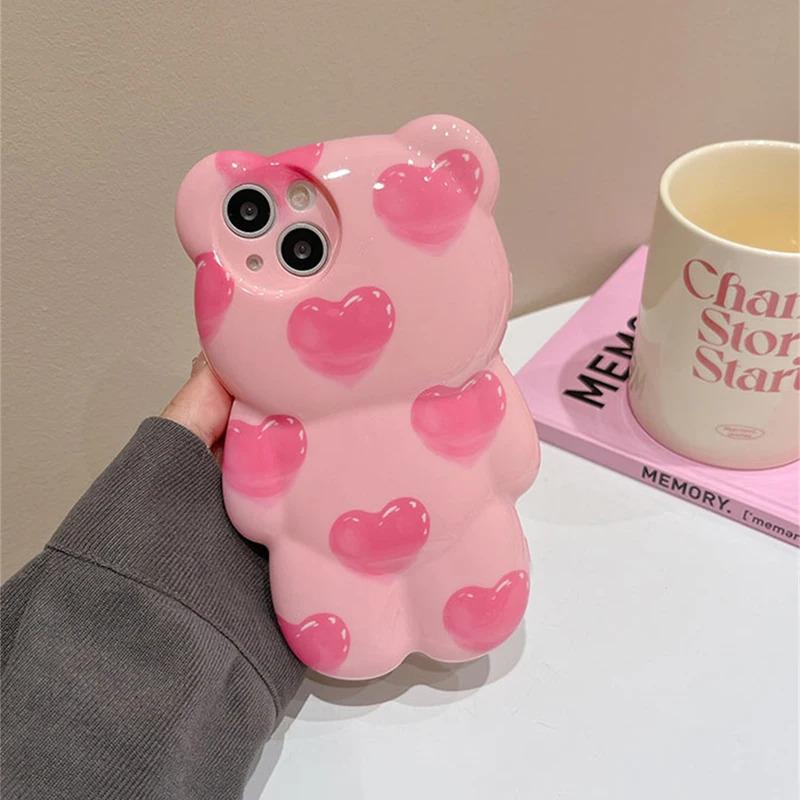 Ốp Điện Thoại Hình Gấu 3D Trái Tim Màu Hồng, Phong Cách Hàn Quốc, Dành Cho iPhone 15 14 13 12 11 Pro Max, Ốp Mềm Chống Sốc Silicon Sành Điệu, Funda 3
