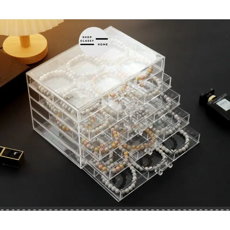 Shopclassyhome Transparent Five Drawer ins transparent Bracelet Organizer dust-proof earring bracelets necklaces jewelry Stackble storage box